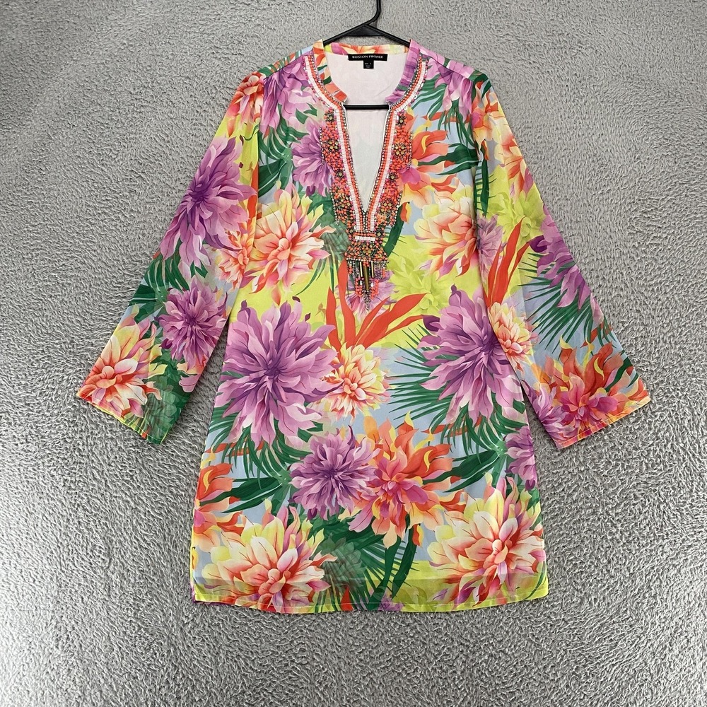 Boston Proper Dress Womens Small Tropical Beaded V Neck Neon Cruise Resort‎